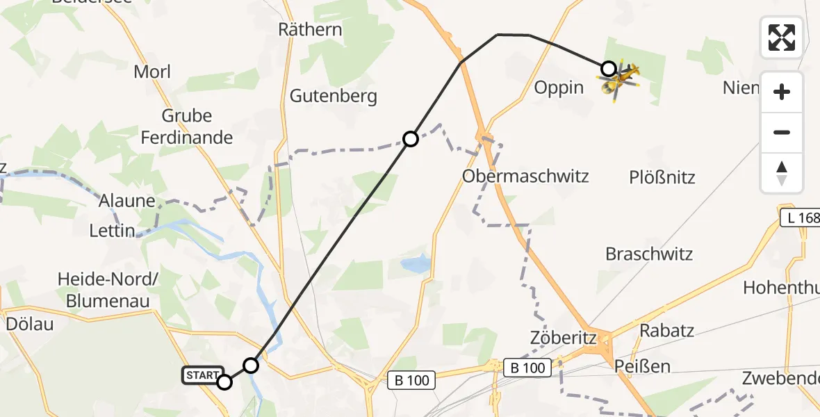 Flugroute Rettungshubschrauber Halle (Saale) University Hospital - Halle-Oppin Flugplatz, 09 August 2026, 09:19