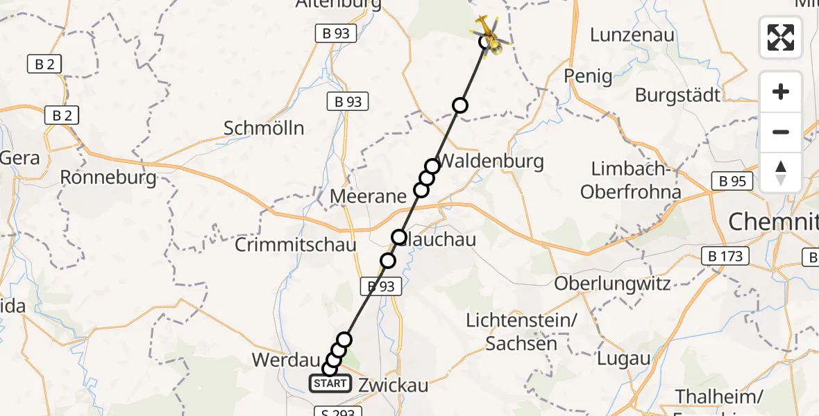 Flugroute Rettungshubschrauber ADAC Air Rescue Station Zwickau Hubschrauberlandeplatz - Langenleuba-Niederhain, 09 August 2026, 09:25