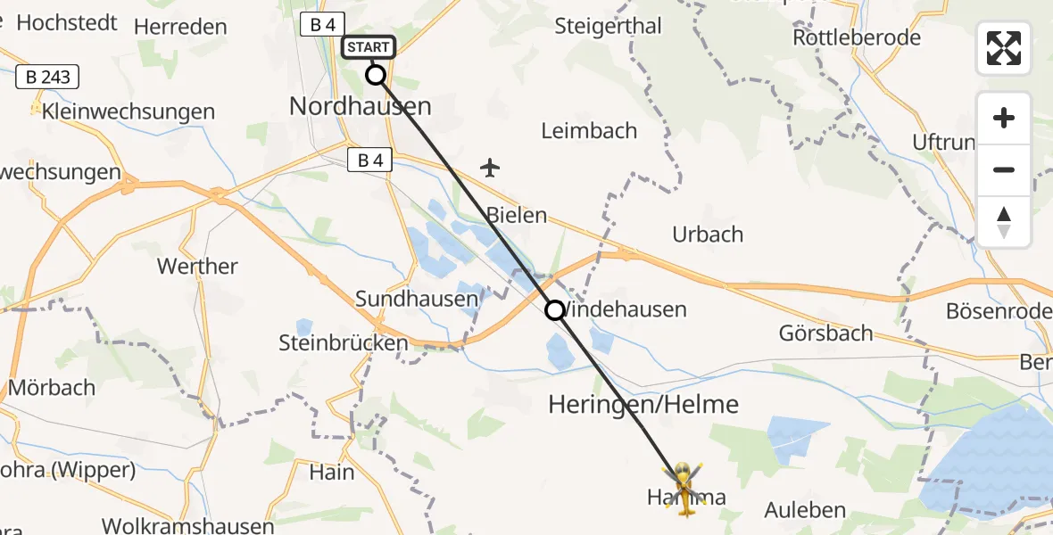 Flugroute Rettungshubschrauber Südharz Hospital Nordhausen - Heringen/Helme, 09 August 2026, 09:30