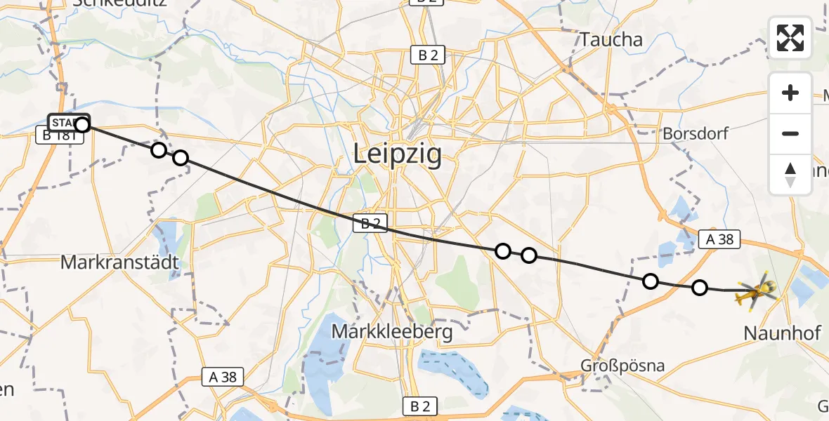 Flugroute Rettungshubschrauber ADAC Air Rescue Station Leipzig/Schkeuditz-Dölzig Hubschrauberlandeplatz (Christoph 61) - Naunhof, 09 August 2026, 09:33