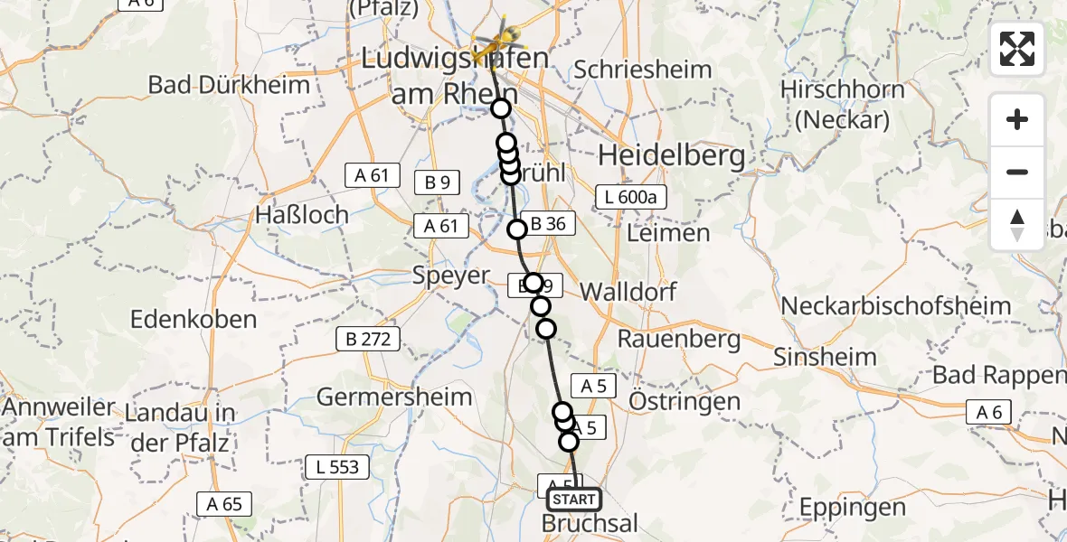 Flugroute Rettungshubschrauber Forst - Mannheim, 09 August 2026, 09:42