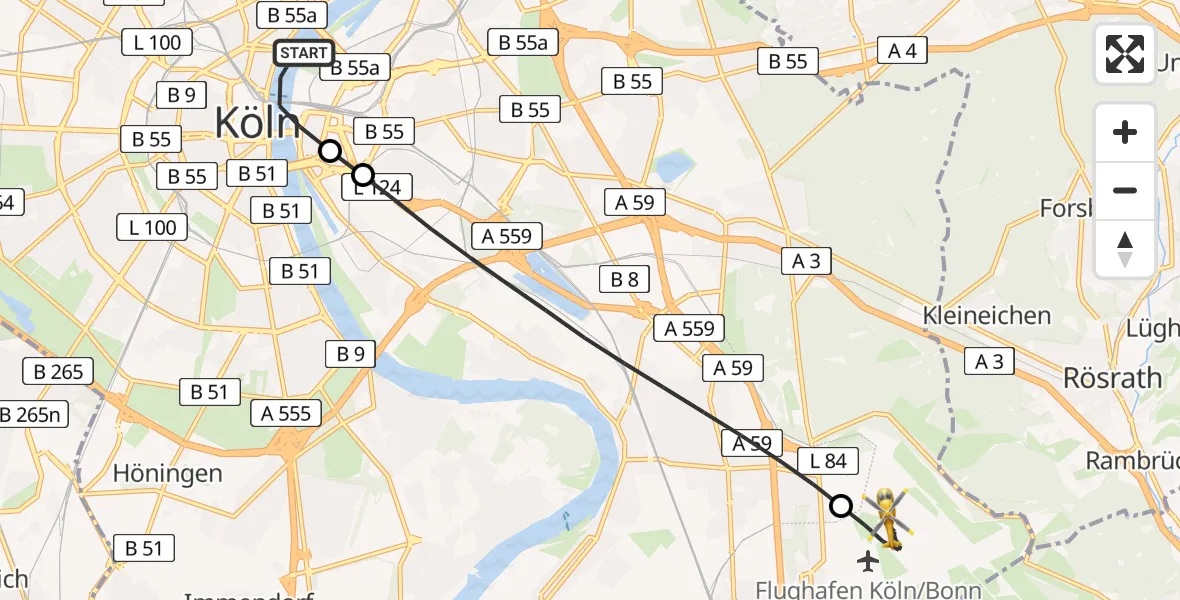Flugroute Rettungshubschrauber Köln - Köln Bonn Flughafen, 09 August 2026, 09:46