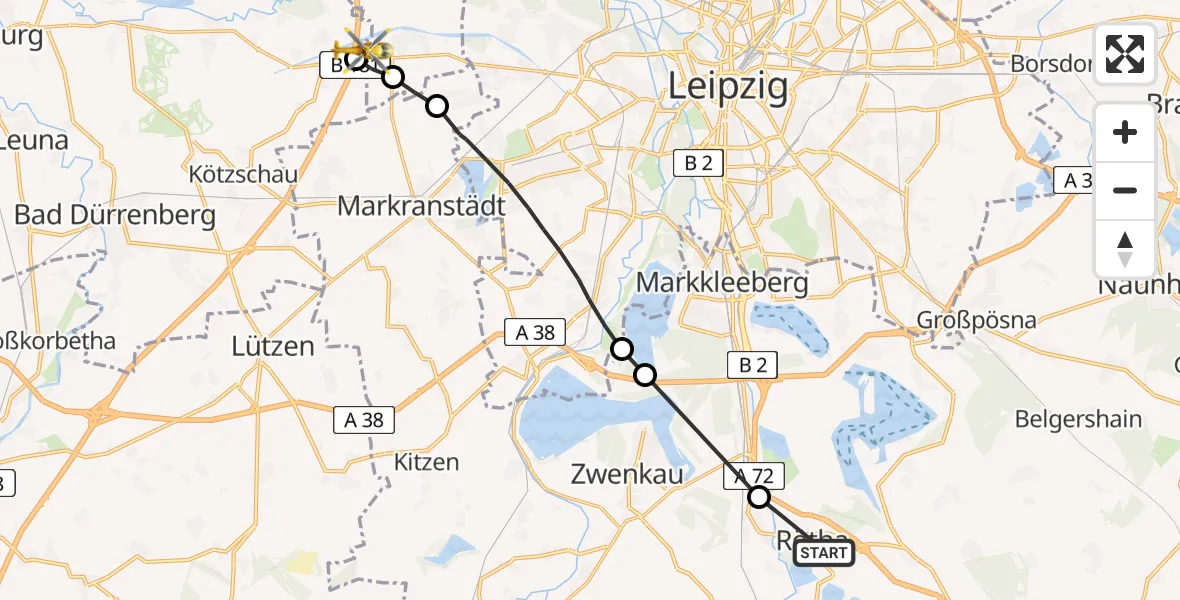 Flugroute Rettungshubschrauber Rötha - ADAC Air Rescue Station Leipzig/Schkeuditz-Dölzig Hubschrauberlandeplatz (Christoph 61), 09 August 2026, 09:47
