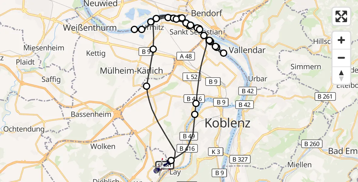 Flugroute Polizeihubschrauber Koblenz-Winningen Flugplatz - Koblenz-Winningen Flugplatz, 09 August 2026, 09:52