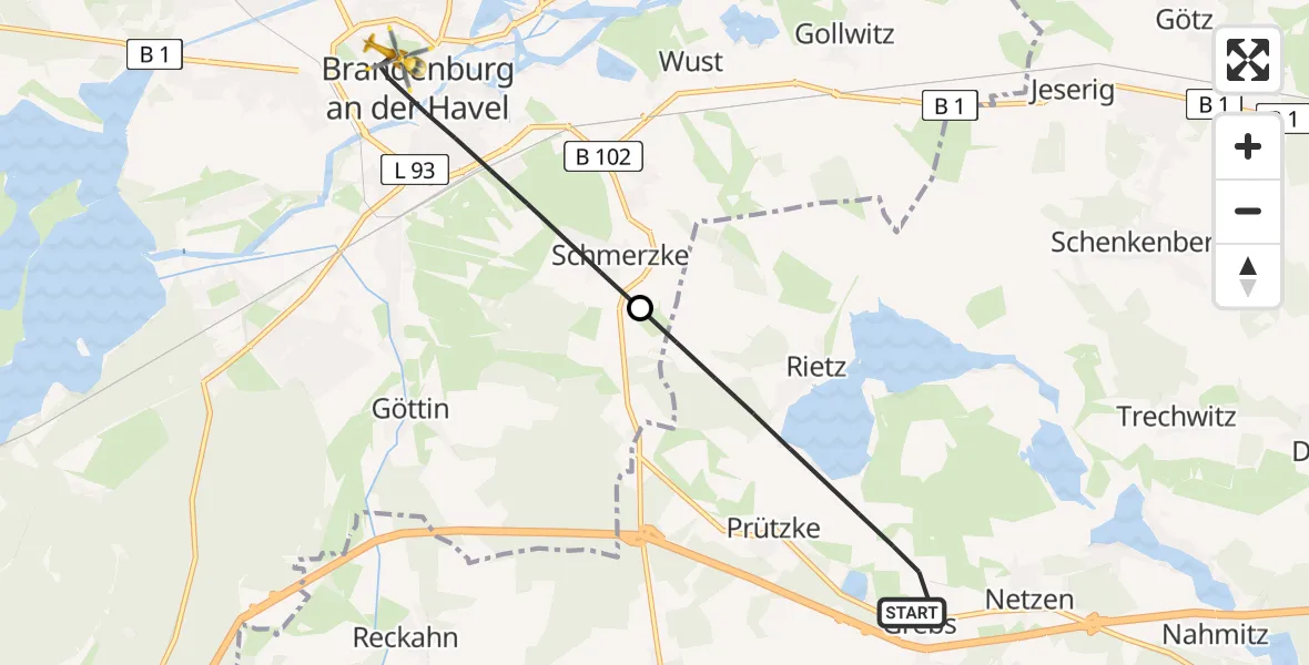 Flugroute Rettungshubschrauber Kloster Lehnin - Brandenburg an der Havel, 09 August 2026, 09:58