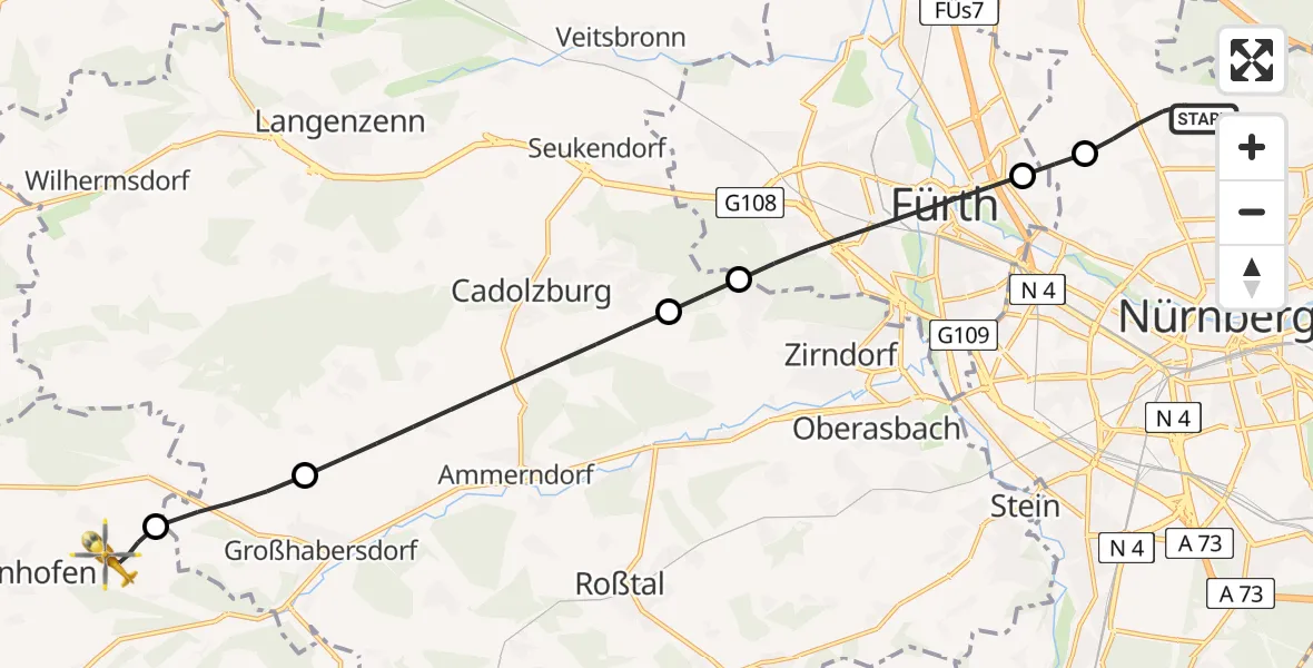 Flugroute Ambulanzhubschrauber Flughafen Nuremberg - Dietenhofen, 09 August 2026, 10:02