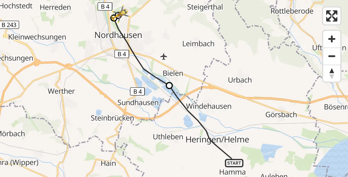 Flugroute Rettungshubschrauber Heringen/Helme - Südharz Hospital Nordhausen, 09 August 2026, 10:09