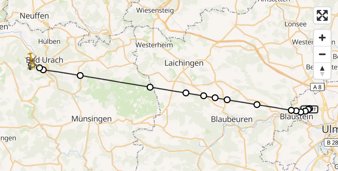 Flugroute Rettungshubschrauber Ulm Military Hospital Emergency - Bad Urach, 09 August 2026, 10:11