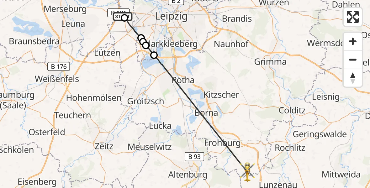 Flugroute Rettungshubschrauber Schkeuditz - Frohburg, 09 August 2026, 10:14