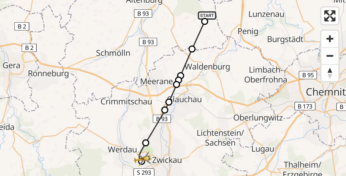 Flugroute Rettungshubschrauber Langenleuba-Niederhain - ADAC Air Rescue Station Zwickau Hubschrauberlandeplatz, 09 August 2026, 10:15