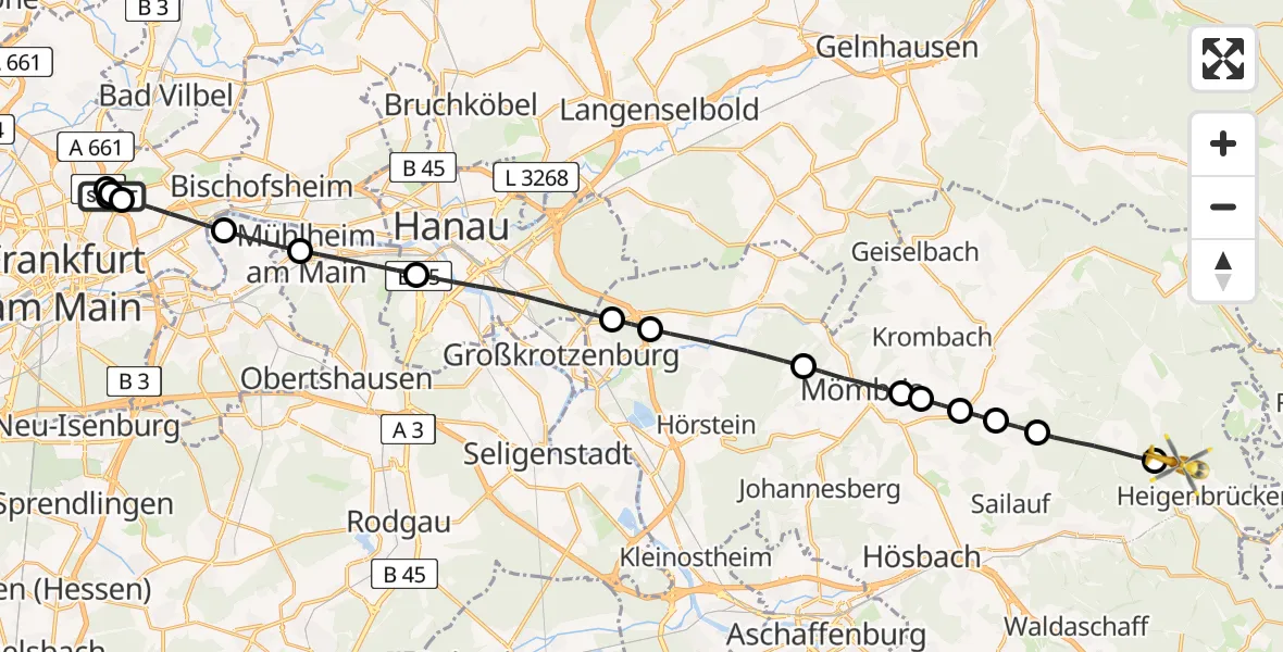 Flugroute Rettungshubschrauber Frankfurt am Main Accident Hospital Roof Helipad (CHX2) - Heinrichsthaler Forst, 09 August 2026, 10:17