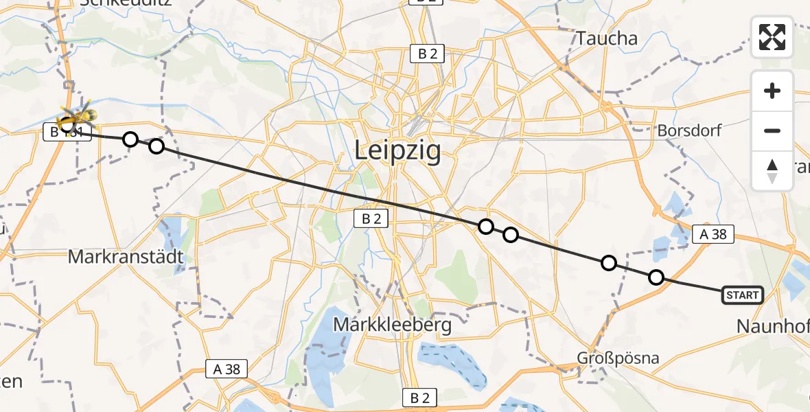 Flugroute Rettungshubschrauber Naunhof - ADAC Air Rescue Station Leipzig/Schkeuditz-Dölzig Hubschrauberlandeplatz (Christoph 61), 09 August 2026, 10:21