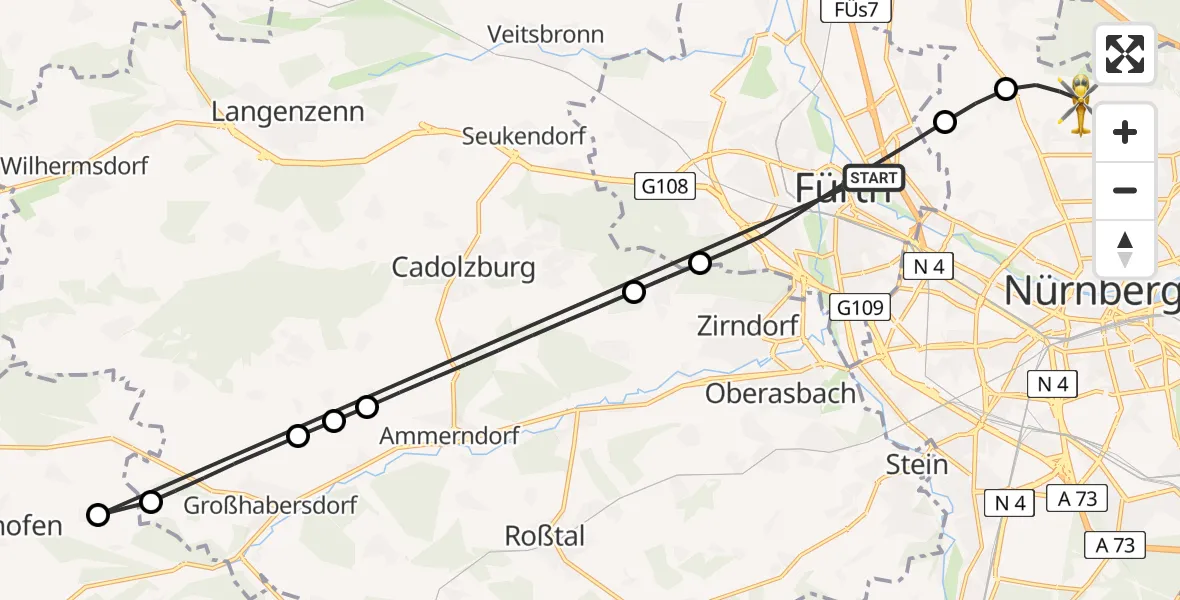 Flugroute Ambulanzhubschrauber Fürth - Flughafen Nuremberg, 09 August 2026, 10:24
