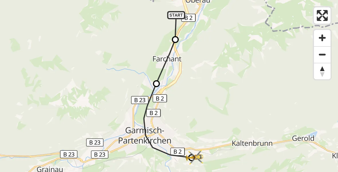 Flugroute Rettungshubschrauber Oberau - Garmisch-Partenkirchen Clinic Hubschrauberlandeplatz, 09 August 2026, 10:30