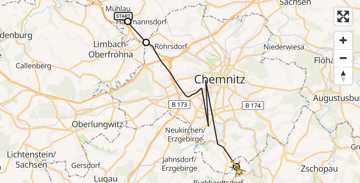 Flugroute Rettungshubschrauber Mühlau - Burkhardtsdorf, 09 August 2026, 10:31