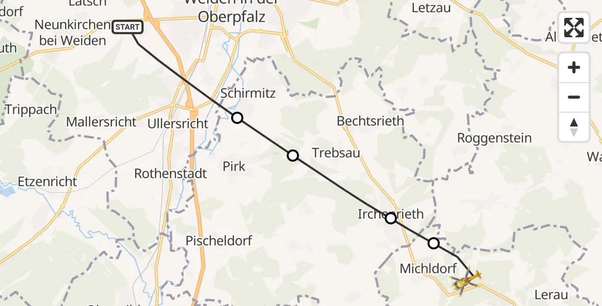 Flugroute Ambulanzhubschrauber Weiden i.d.OPf. - Leuchtenberg, 09 August 2026, 10:33