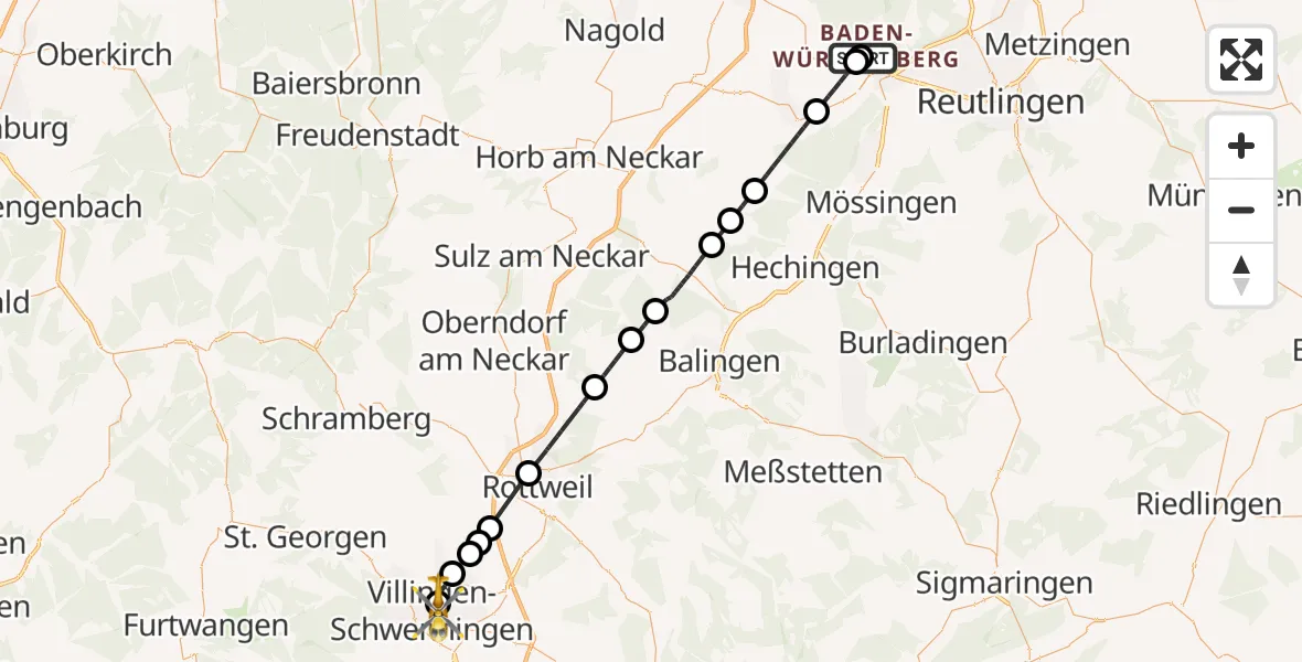 Flugroute Ambulanzhubschrauber Tübingen University Hospital - DRF Air Rescue Station Villingen-Schwenningen Hubschrauberlandeplatz (Christoph 11), 09 August 2026, 10:35