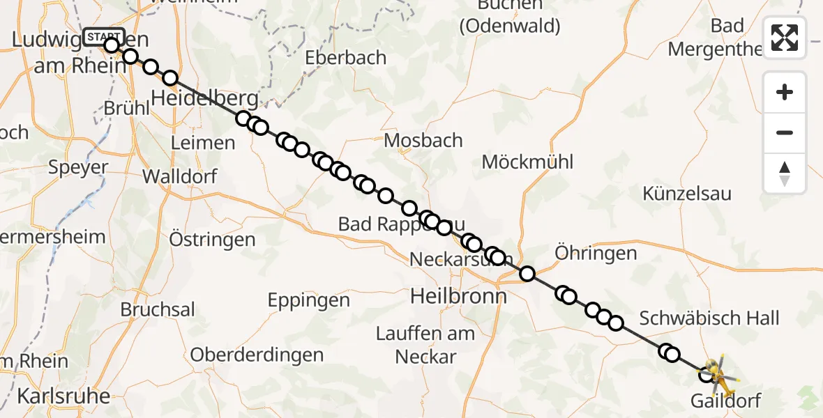 Flugroute Rettungshubschrauber Mannheim - Gaildorf, 09 August 2026, 10:45