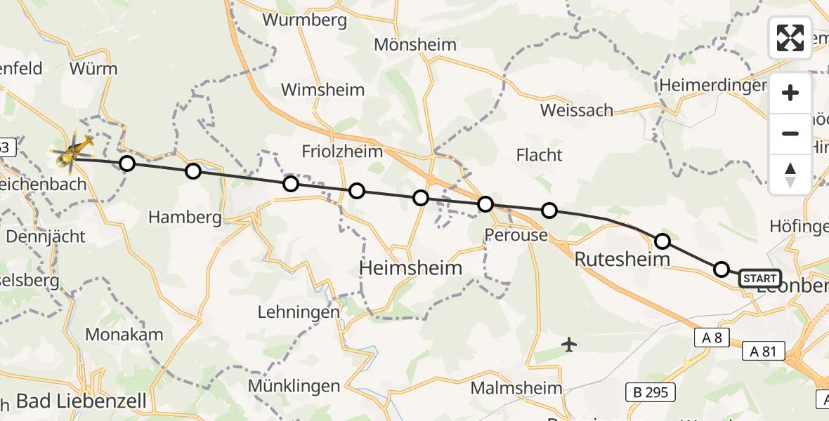 Flugroute Rettungshubschrauber Leonberg Hospital - Pforzheim, 09 August 2026, 10:45