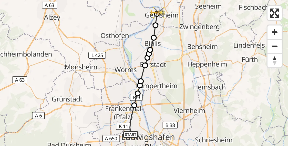 Flugroute Rettungshubschrauber Ludwigshafen am Rhein - Hamm am Rhein, 09 August 2026, 10:48