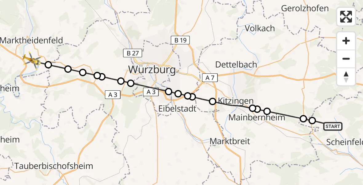 Flugroute Rettungshubschrauber Oberscheinfeld - Triefenstein, 09 August 2026, 10:51