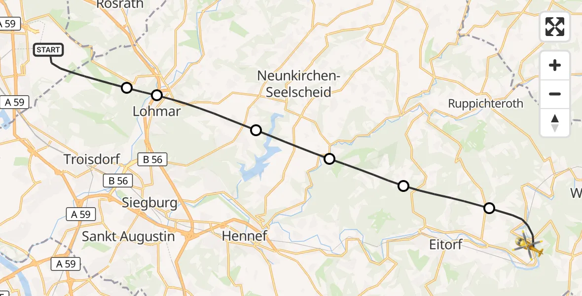 Flugroute Rettungshubschrauber Köln Bonn Flughafen - Windeck, 09 August 2026, 10:57