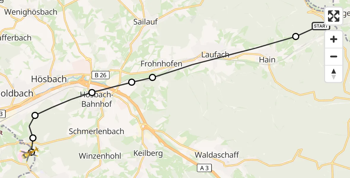 Flugroute Rettungshubschrauber Forst Hain i.Spessart - Aschaffenburg Krankenhaus Hubschrauberlandeplatz, 09 August 2026, 10:59