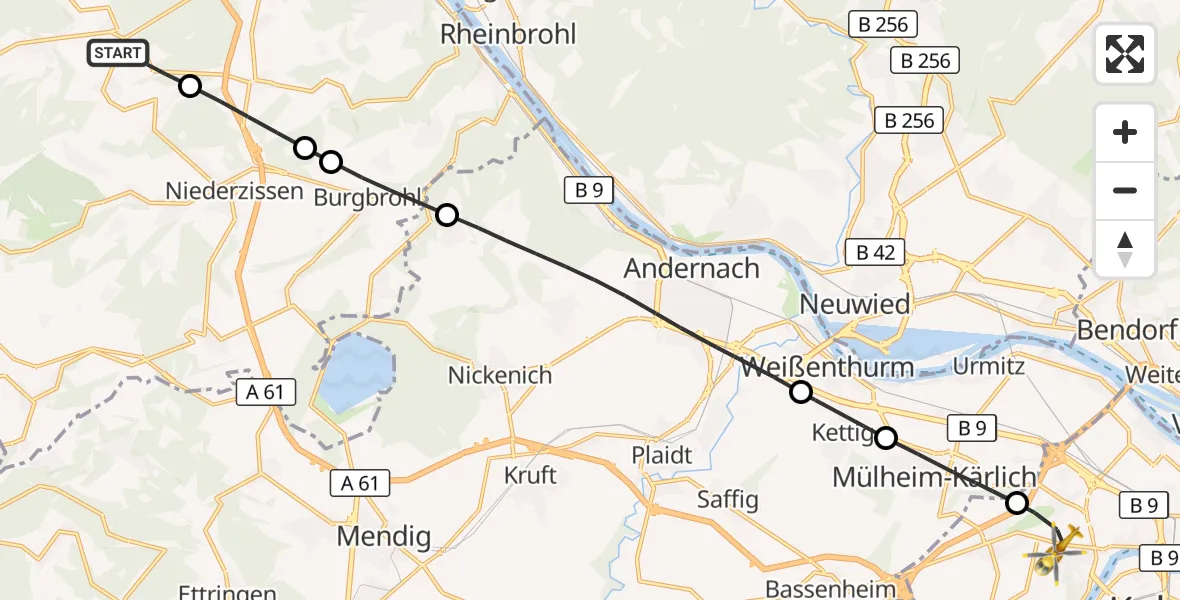Flugroute Rettungshubschrauber Königsfeld - Koblenz, 09 August 2026, 10:59