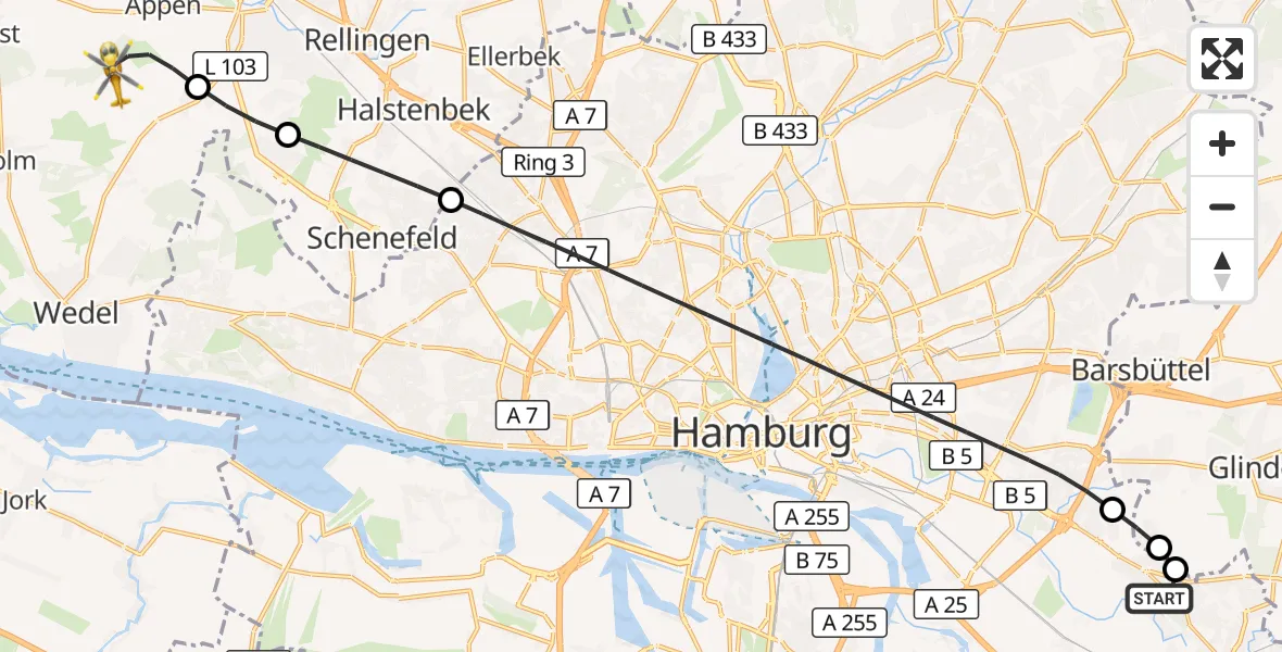 Flugroute Ambulanzhubschrauber Christoph Hansa ADAC Hubschrauberlandeplatz - Appen, 09 August 2026, 11:19