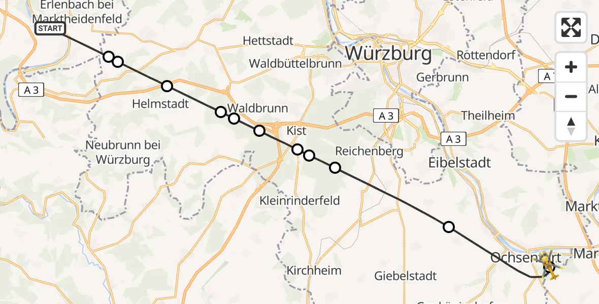 Flugroute Rettungshubschrauber Triefenstein - Ochsenfurt Hospital, 09 August 2026, 11:22