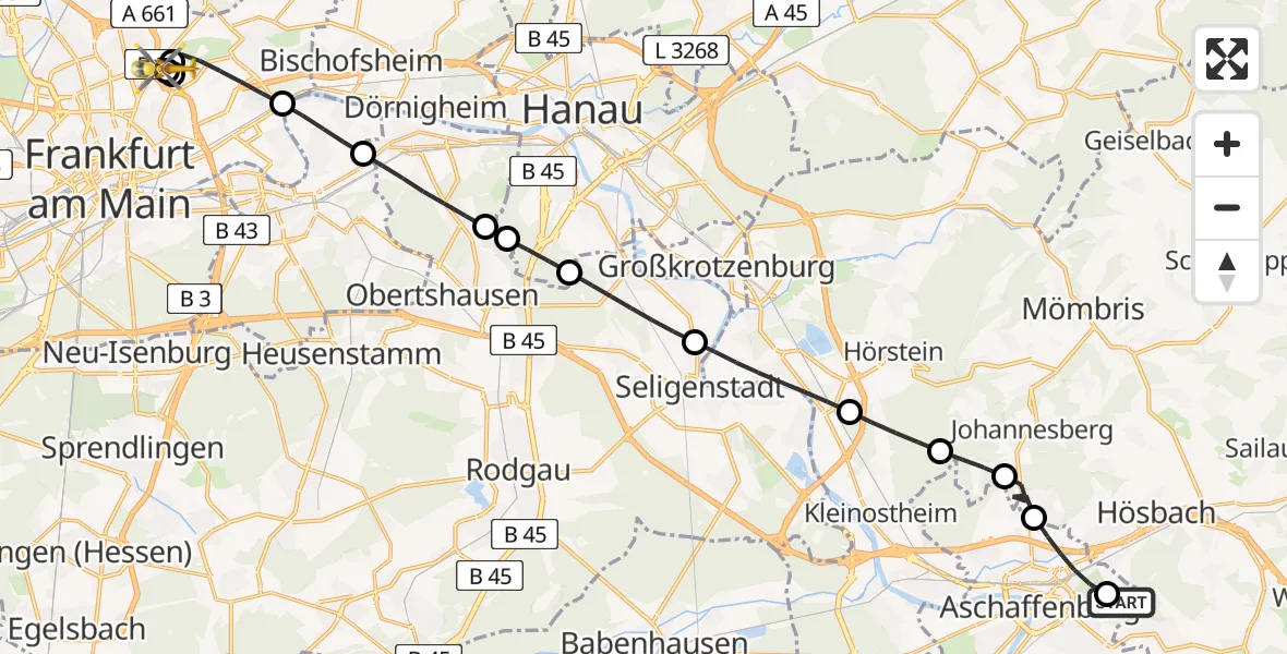 Flugroute Rettungshubschrauber Aschaffenburg Hospital - Frankfurt am Main Accident Hospital Roof Helipad (CHX2), 09 August 2026, 11:22