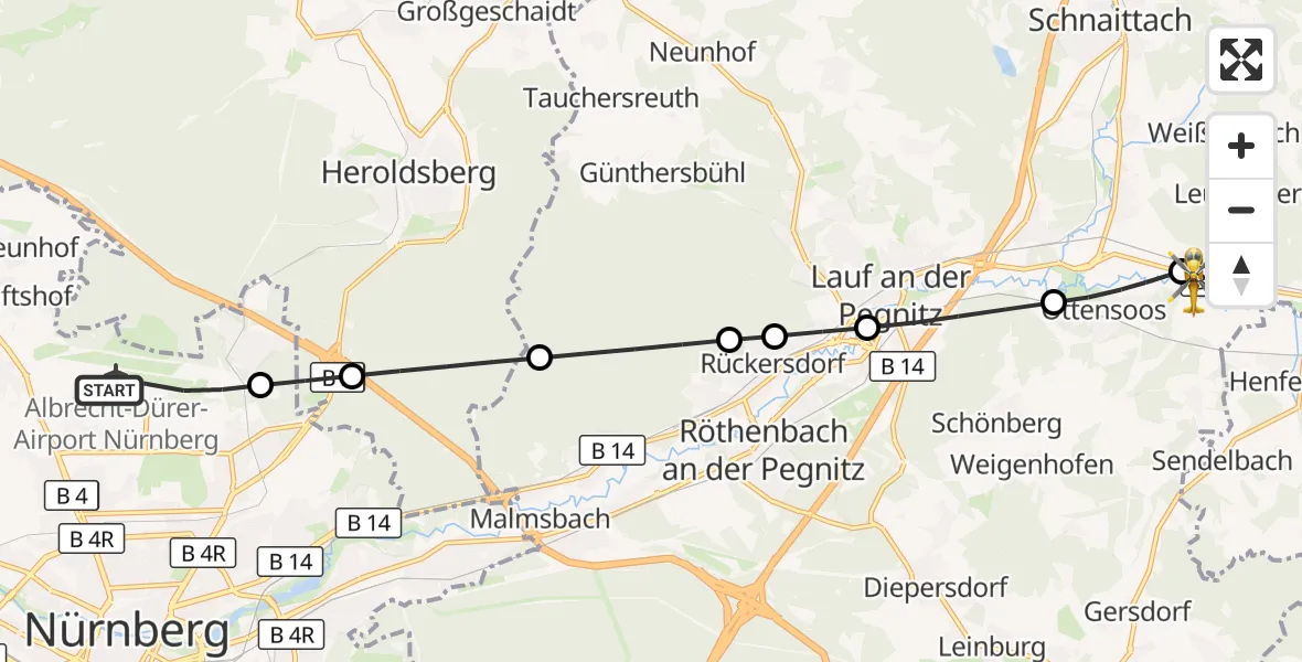 Flugroute Ambulanzhubschrauber Flughafen Nuremberg - Reichenschwand, 09 August 2026, 11:26