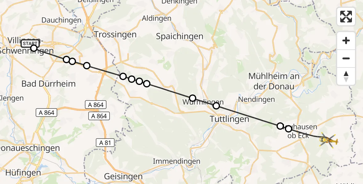 Flugroute Ambulanzhubschrauber DRF Air Rescue Station Villingen-Schwenningen Hubschrauberlandeplatz (Christoph 11) - Neuhausen ob Eck, 09 August 2026, 11:26