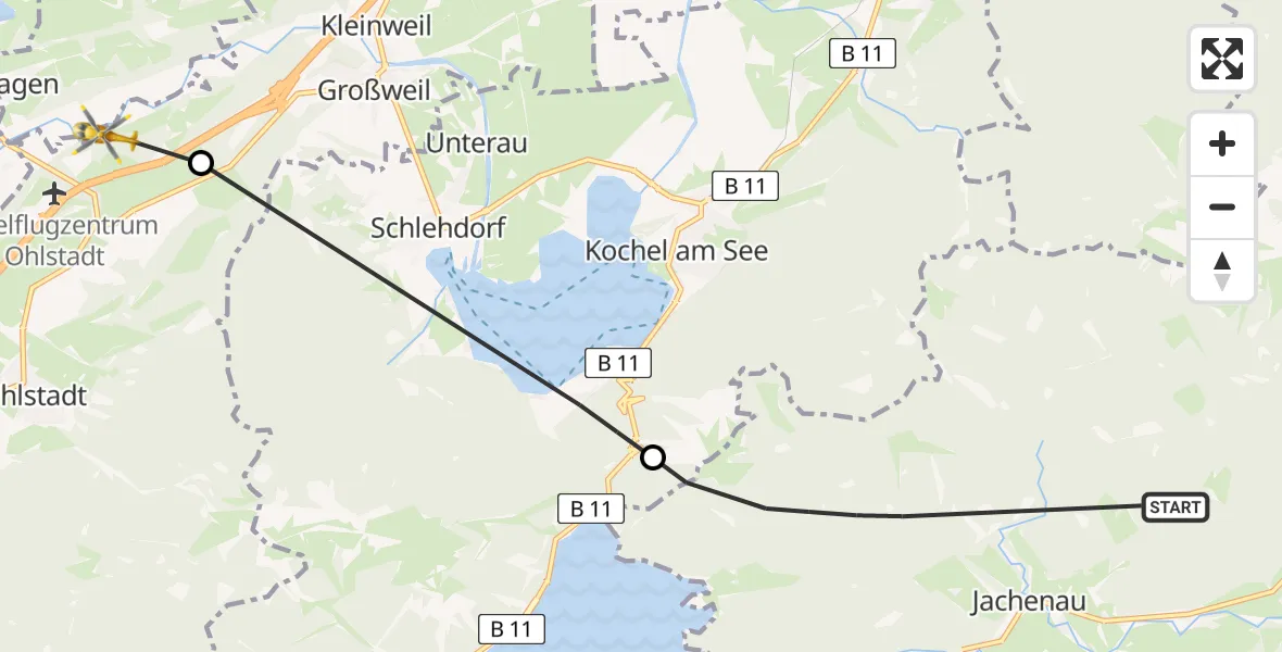 Flugroute Rettungshubschrauber Jachenau - Ohlstadt, 09 August 2026, 11:28