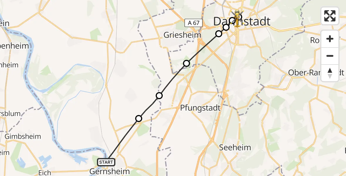 Flugroute Rettungshubschrauber Gernsheim - Darmstadt Hospital, 09 August 2026, 11:29