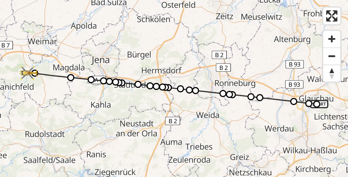 Flugroute Rettungshubschrauber Rudolf Virchow Hospital Glauchau - Bad Berka Zentralklinik Hubschrauberlandeplatz, 09 August 2026, 11:32