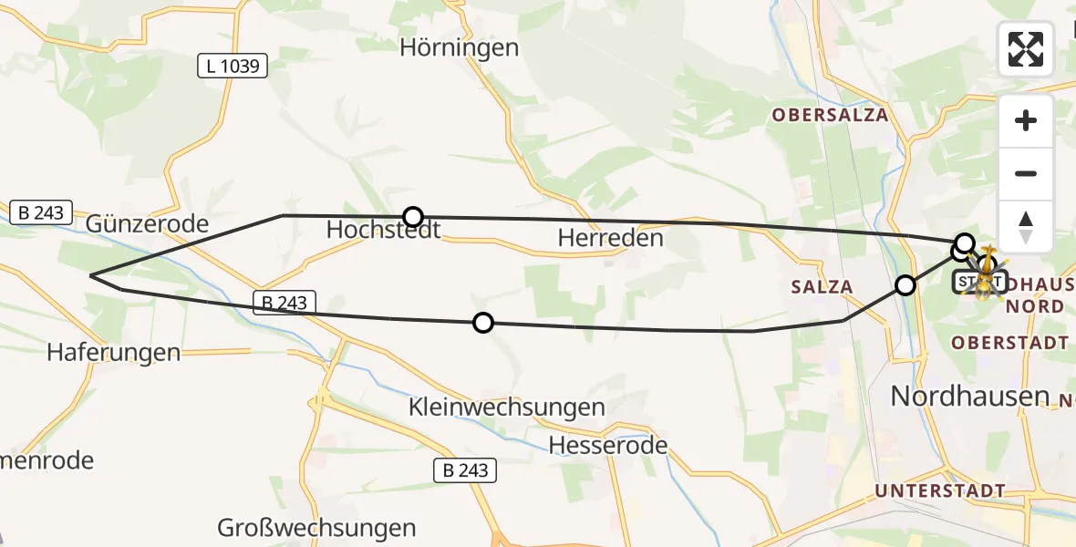 Flugroute Rettungshubschrauber Südharz Hospital Nordhausen - Südharz Hospital Nordhausen, 09 August 2026, 11:33