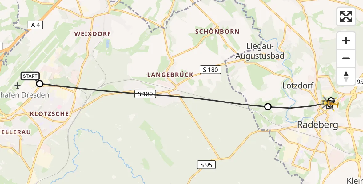 Flugroute Rettungshubschrauber Dresden Flughafen - Radeberg, 09 August 2026, 11:33