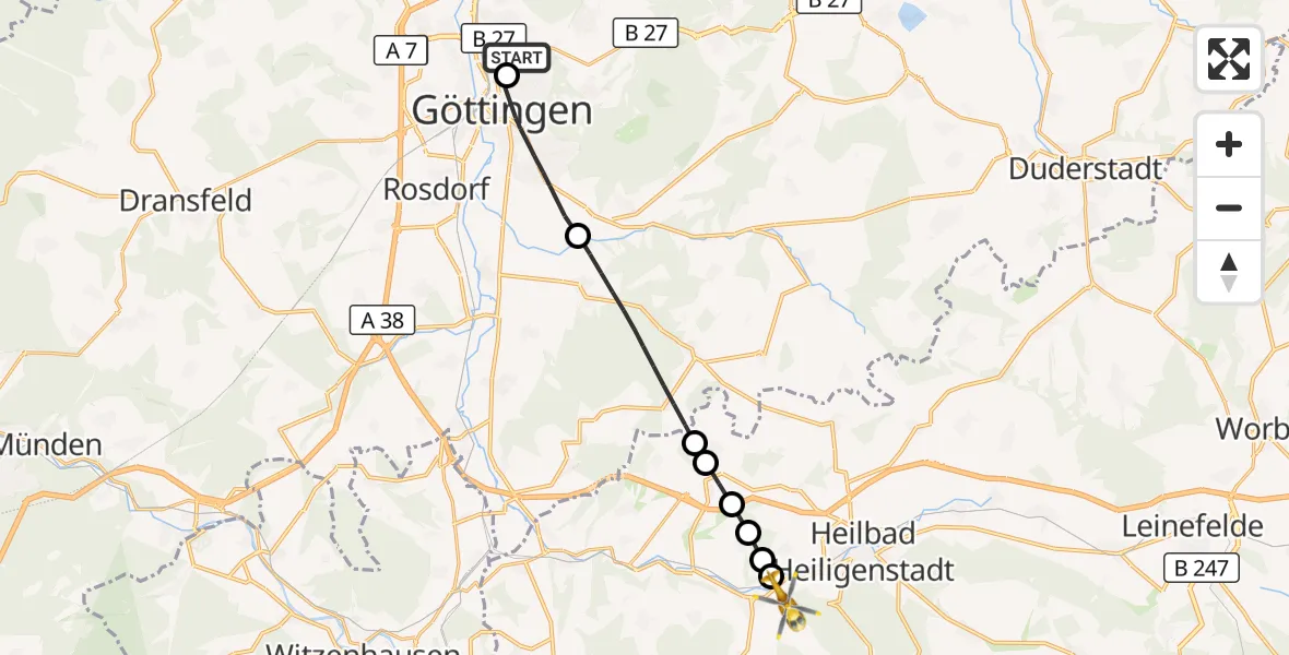 Flugroute Rettungshubschrauber Göttingen University Clinic Hubschrauberlandeplatz - Uder, 09 August 2026, 11:33