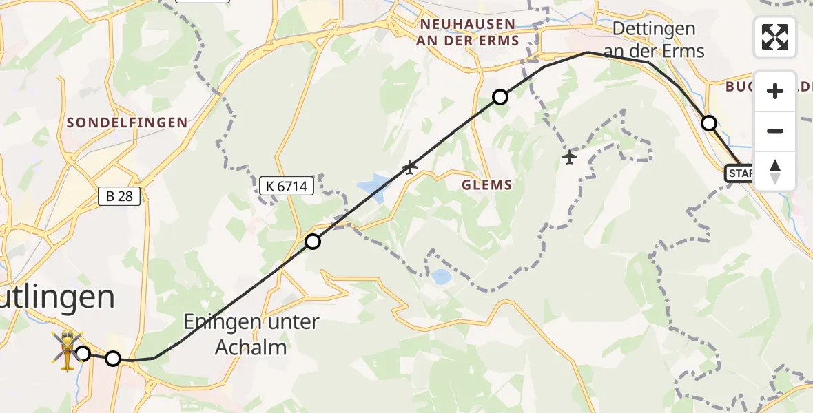 Flugroute Rettungshubschrauber Bad Urach - Reutlingen, 09 August 2026, 11:34