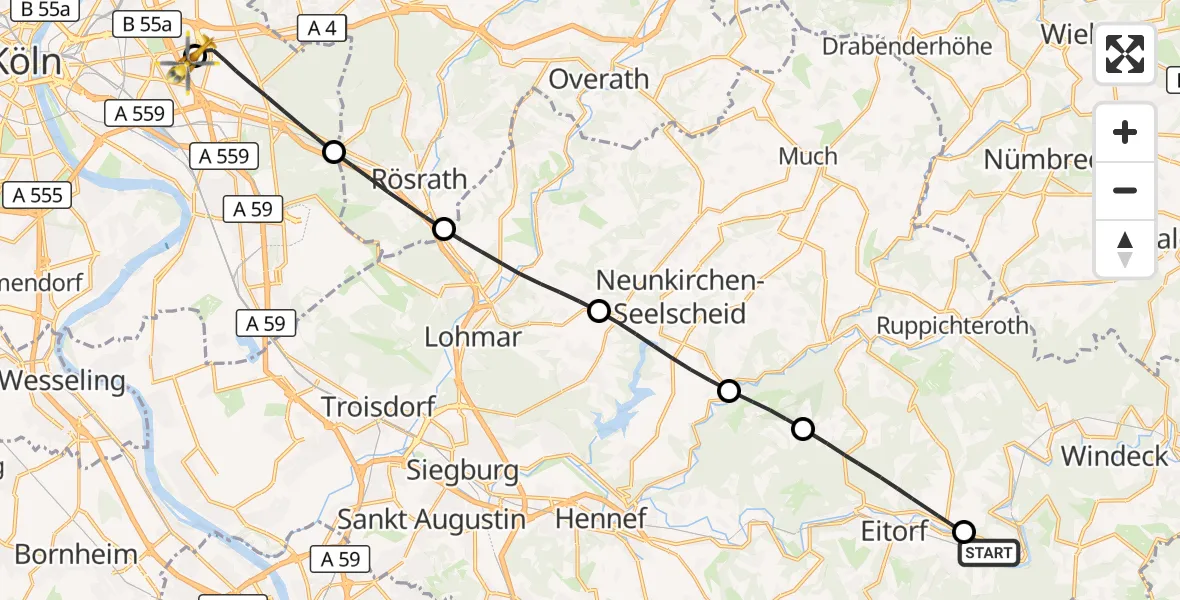 Flugroute Rettungshubschrauber Windeck - Merheim Hospital, 09 August 2026, 11:35