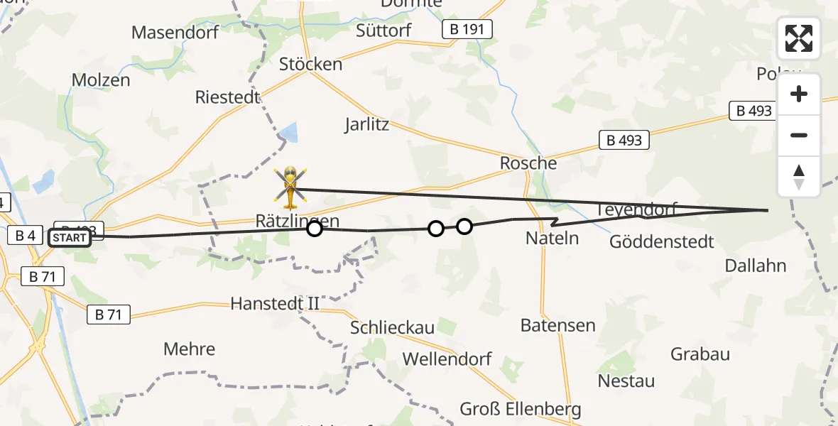 Flugroute Rettungshubschrauber Uelzen - Rätzlingen, 09 August 2026, 11:46
