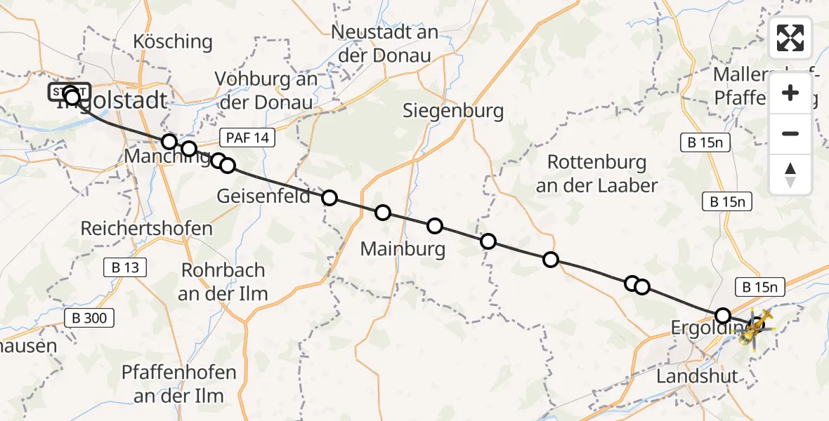 Flugroute Rettungshubschrauber Ingolstadt Hospital - Landshut, 09 August 2026, 11:46