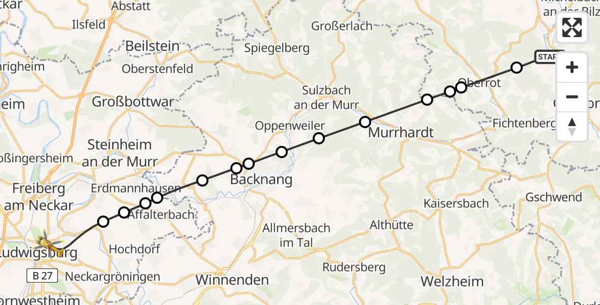 Flugroute Rettungshubschrauber Gaildorf - Ludwigsburg, 09 August 2026, 11:48
