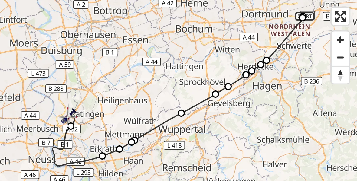 Flugroute Polizeihubschrauber Dortmund Flughafen - Düsseldorf Flughafen, 09 August 2026, 11:51