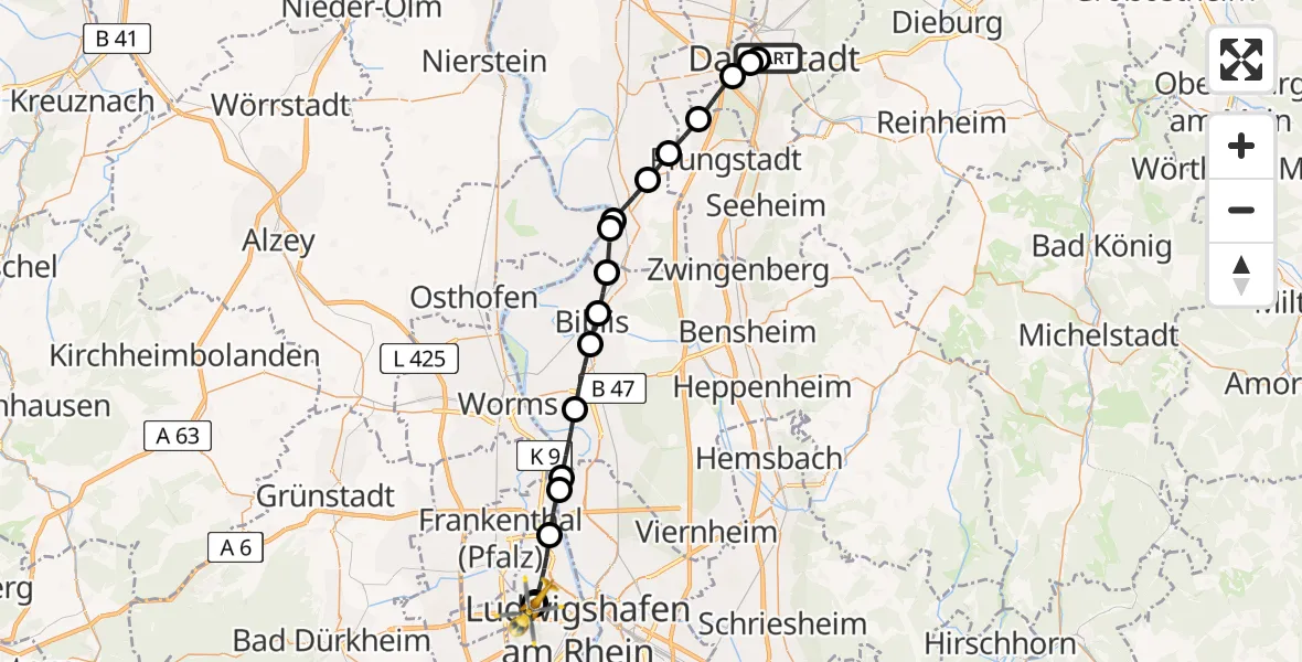 Flugroute Rettungshubschrauber Darmstadt Hospital - Ludwigshafen Accident Hospital, 09 August 2026, 11:55
