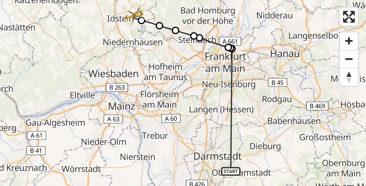 Flugroute Rettungshubschrauber Mühltal - Idstein, 09 August 2026, 11:55