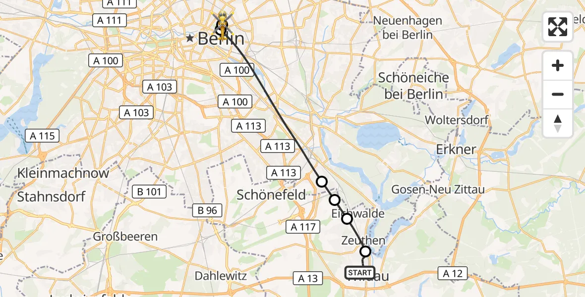 Flugroute Rettungshubschrauber Wildau - Vivantes Freidrichshain Clinic, 09 August 2026, 12:00