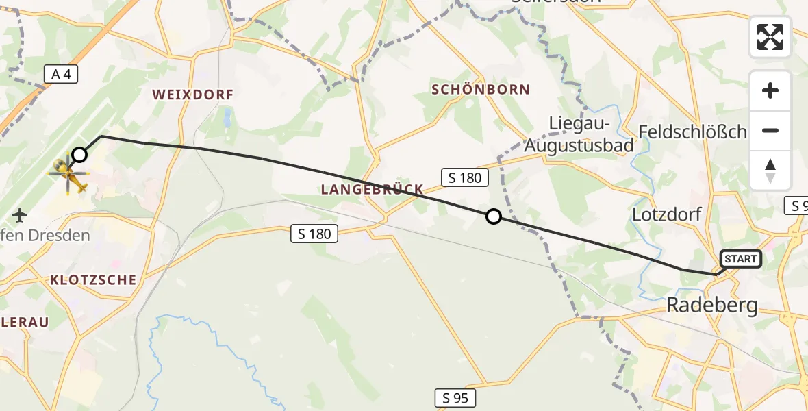 Flugroute Rettungshubschrauber Radeberg - Dresden Bundespolizei Hubschrauberlandeplatz, 09 August 2026, 12:03