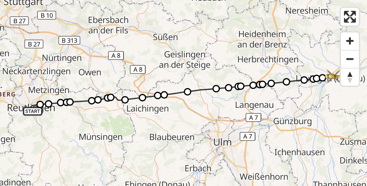 Flugroute Rettungshubschrauber Reutlingen - Lauingen (Donau), 09 August 2026, 12:07
